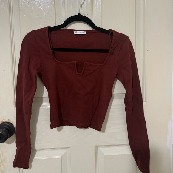 Zara Tops - Zara Burgundy Ribbed Cropped Long Sleeve Top | Size M